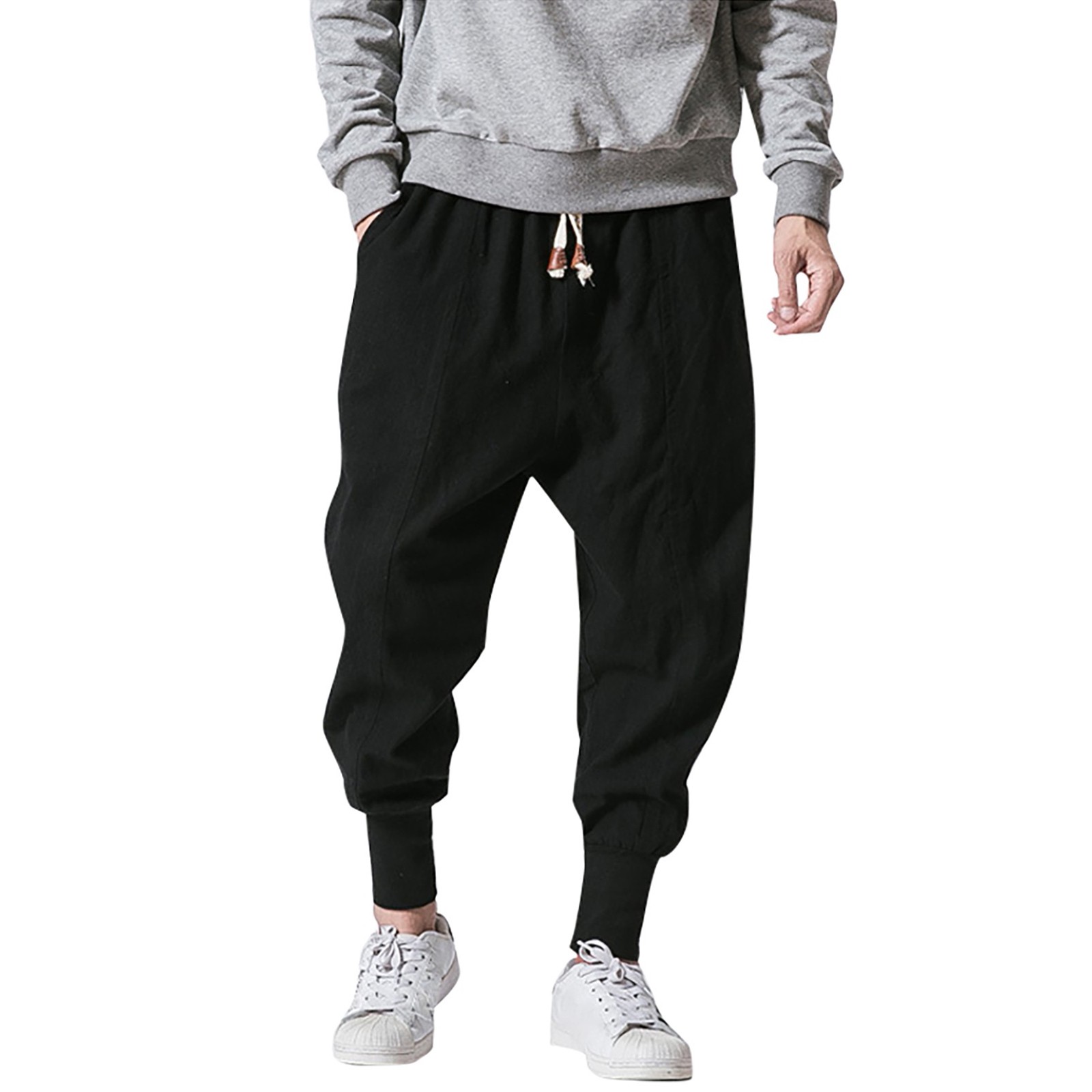 thumbnail image 3 of Pantalones de algodón y lino con entrepierna baja para hombre: cintura elástica, pantalones informales para todas las estaciones, tallas M-XXXL, 3 of 8